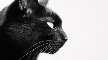black cat face closeup isolated on white background with copy space