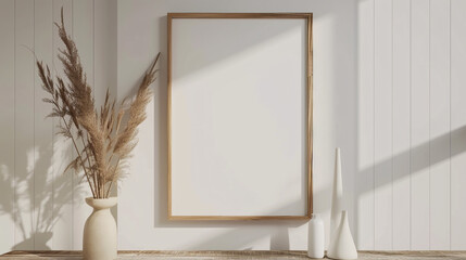 Wooden photo frame on wall mockup. Boho style interior
