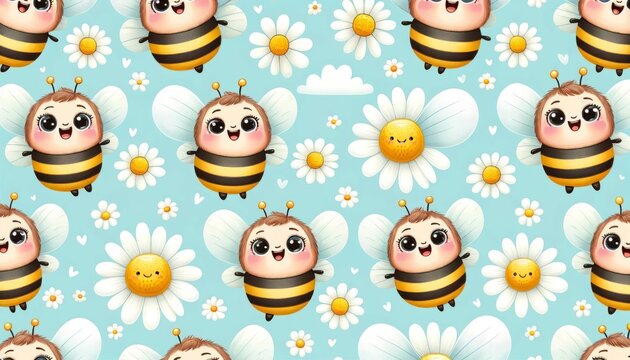 Adorable bee and daisy pattern in a playful, child-friendly style perfect for textiles and wallpapers in kids' rooms