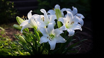 Easter lilies, with their white blooms, bring serenity to the setting as they gracefully blossom amidst tranquil surroundings.
