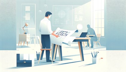 Vector of an architect reviewing plans on a drafting table with equipment and design sketches in background