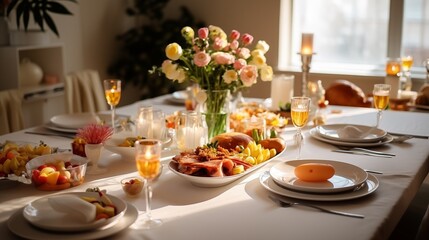 table prepared with food for the festive occasion, offering a delightful array of dishes to celebrate the special event.
