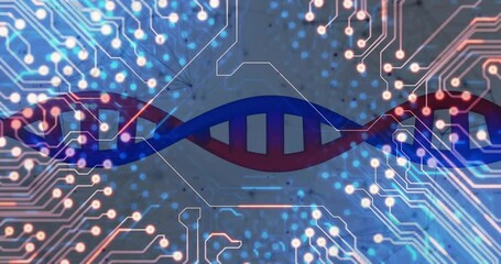 Animation of dna strand and data processing over computer circuit board - Powered by Adobe
