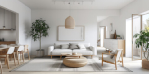 Defocused shot of a bright, airy Scandinavian-style living space with minimalist design. Resplendent.