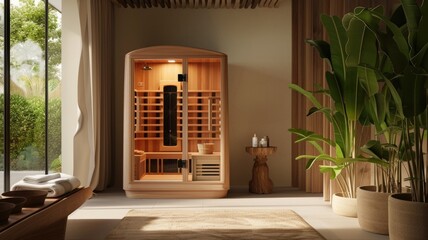 Inside a tranquil infrared sauna, glowing heaters emit a warm, inviting light, highlighting the rich wooden benches and walls in a scene of modern relaxation and wellness. - obrazy, fototapety, plakaty
