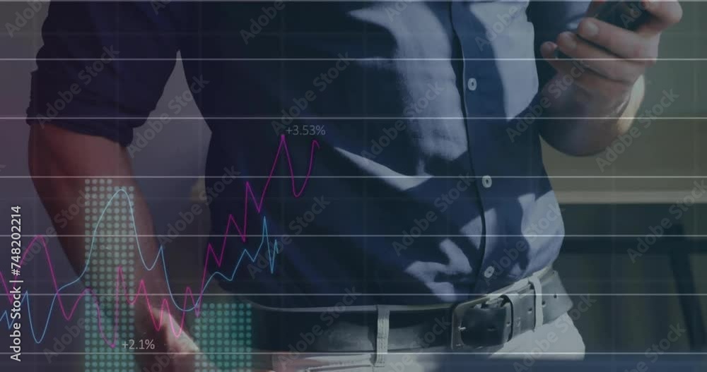 Aufkleber animation of financial data processing over caucasian businessman using smartphone