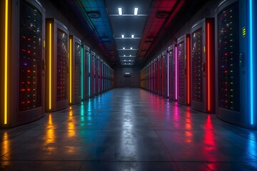 A shot of a data center featuring multiple rows of fully operational server racks. This image represents modern telecommunications, artificial intelligence, and supercomputer technology concepts - obrazy, fototapety, plakaty