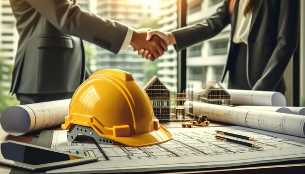 Photo of a business handshake in a construction setting with safety helmet and blueprints.