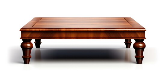 A coffee table with a wooden top is showcased on a clean, white background. The table is the focal point, displaying its sleek design and sturdy construction. - obrazy, fototapety, plakaty