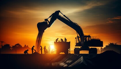 Silhouette of an excavator and construction workers on a site with a dramatic sunset background