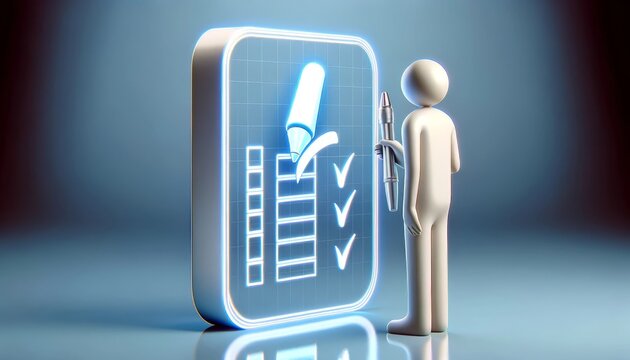 3D conceptual digital art showcasing a figure interacting with a glowing checklist for concepts on planning and organization