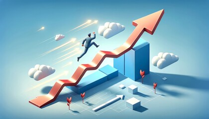 Isometric vector of a businessman leaping on a growth arrow concept for corporate success and career advancement - obrazy, fototapety, plakaty
