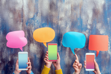 Multiple individuals displaying cell phones with speech bubbles above them. - obrazy, fototapety, plakaty