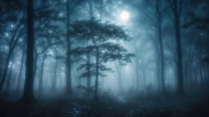 Enchanting Moonlit Forest Shrouded Mist