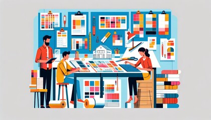 Vector illustration of a design team working in a colorful office.