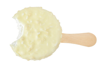 Bitten coconut Ice cream bar with white chocolate coating isolated on white background.