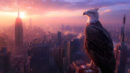 Giant eagle perched atop a skyscraper overlooking a bustling metropolitan skyline at dawn - obrazy, fototapety, plakaty
