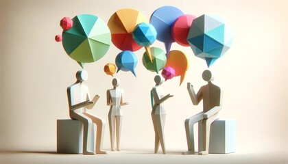 Stylized 3D figures with colorful speech bubbles indicating communication and social interaction perfect for network and community themes