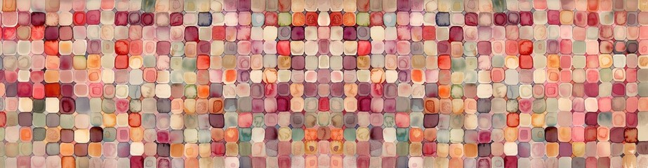 Fototapeta premium Small rounded squares creating charming pattern in soft pink, purple, maroon, violet, and orange watered colors. Vintage artistic style banner bringing blissful enjoyment, beauty, retro feeling.
