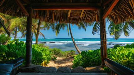 Background Relax in a private cabana surrounded by palm trees with a view of the sparkling ocean in the distance.
