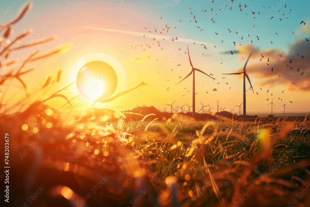 Sticker Wind turbines in a field at sunset with birds flying around them