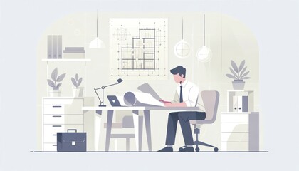 Flat vector of an architect reviewing blueprints in a well-organized office setting.