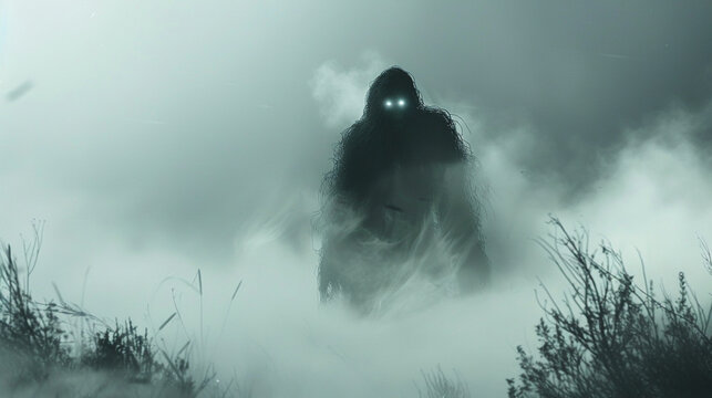 A vengeful spirit emerging from the fog on a battlefield its form barely visible yet unmistakably there eyes glowing with fury