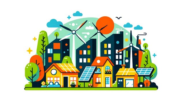 Colorful vector illustration of an eco-friendly urban community with renewable energy solutions ideal for sustainability projects