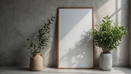 Empty white vertical rectangle poster mockup with soft hawthorn leaves shadows on neutral light grey concrete wall background, Flat lay