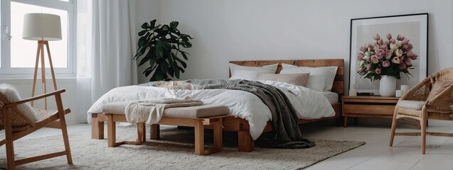 Flowers on wooden stool and pouf in white bedroom interior with empty posters above bed - obrazy, fototapety, plakaty