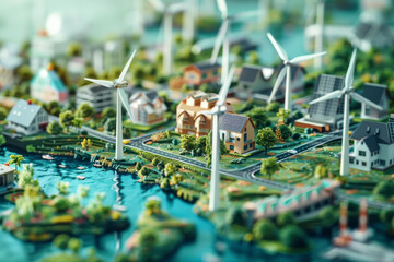 A model of a city with windmills and solar panels