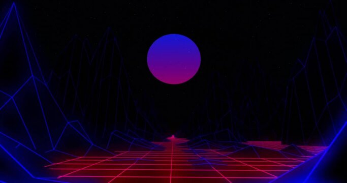 Animation of pink and blue moon over moving digital grid landscape on black background