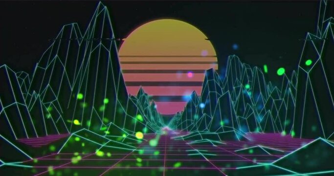 Animation of pink and yellow sun over grid landscape and glowing lights on black background