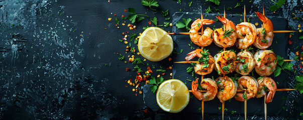 Succulent shrimp skewers with zesty lemon wedges on a sleek black surface Top view space to copy.