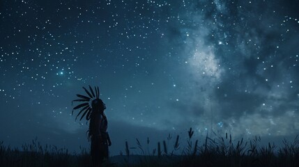 A young Iroquois warrior gazes up at the starry sky seeking guidance and wisdom from the Great Spirit. He understands the importance of spirituality in both daily life and - obrazy, fototapety, plakaty
