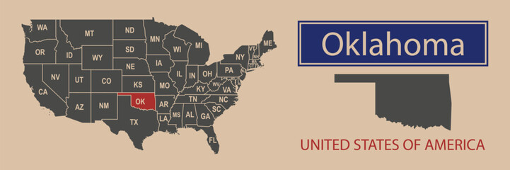 Vector map borders of the USA Oklahoma state. State of Oklahoma on the map of the United States of America.