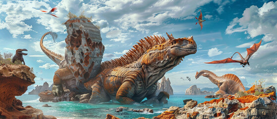 Surreal mega landscapes of the Galapagos with fantastical creatures digital painting in a vivid concept art style