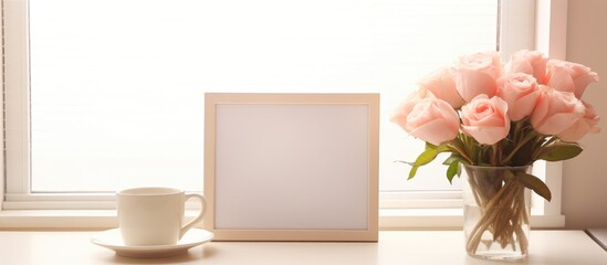 A vase filled with pink roses sits beside a picture frame on a modern home office workspace. The room follows a trendy Scandi Hygge style with neutral colors and aesthetic design elements.