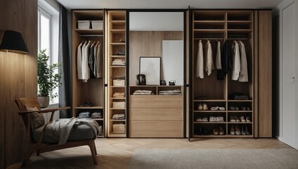 luxury scandinavian wood walk in closet with wardrobe,