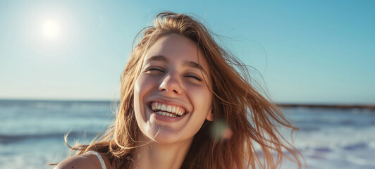 foto panorâmica de uma jovem sorridente olhando para a câmera na praia