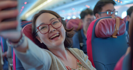 Mulher tirando selfie pelo smartphone no avião. Conceito de viagens e turismo.