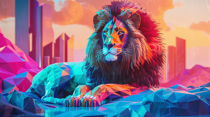Pop art style lion with surreal geometric shapes for fur set against an unreal dystopian background