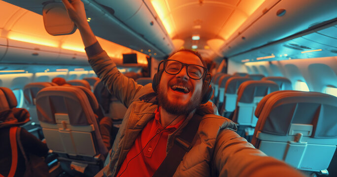 Jovem tirando uma selfie no avião. Viajando de avião.