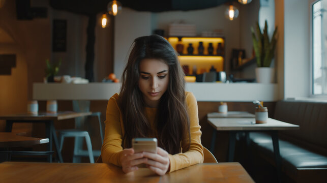 Jovem usando smartphone na cafeteria. Mulher usando telefone celular no café.