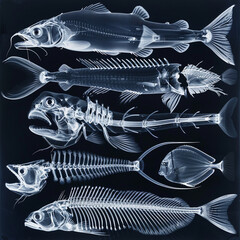 Artistic composition of multiple fish X-rays showcasing biodiversity under the sea in monochrome tones - obrazy, fototapety, plakaty