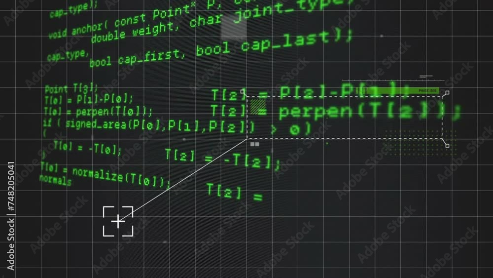 Poster animation of scanner cursor and grid over green data processing on black background