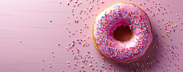 Sweet donut with icing and sprinkles on pink background Top view space to copy
