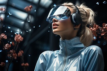 Fototapeta na wymiar A woman in a futuristic costume is wearing virtual reality glasses and touching air. A futuristic augmented reality game, future technology, artificial