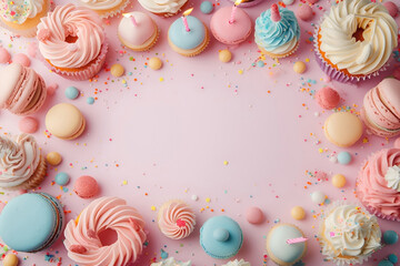 Birthday background, frame of candles, sweets, cream donuts and muffins, macarons on pink background. AI Generative. Copy space for text, Invitation greeting card mock up.