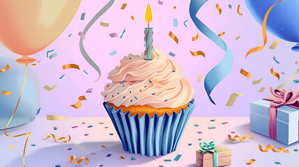 Birthday background, banner or postcard congratulation with cupcake, muffin with candle, balloons and gift box. AI Generative. Illustration.  Invitation greeting card mockup, copy space for text